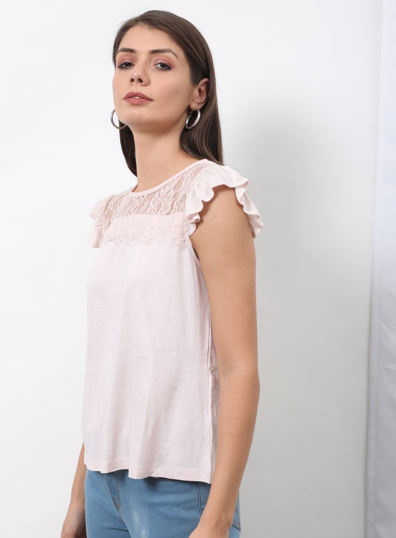 OFFROAD Round Neck Cap Sleeve Top Beige  - Image 1