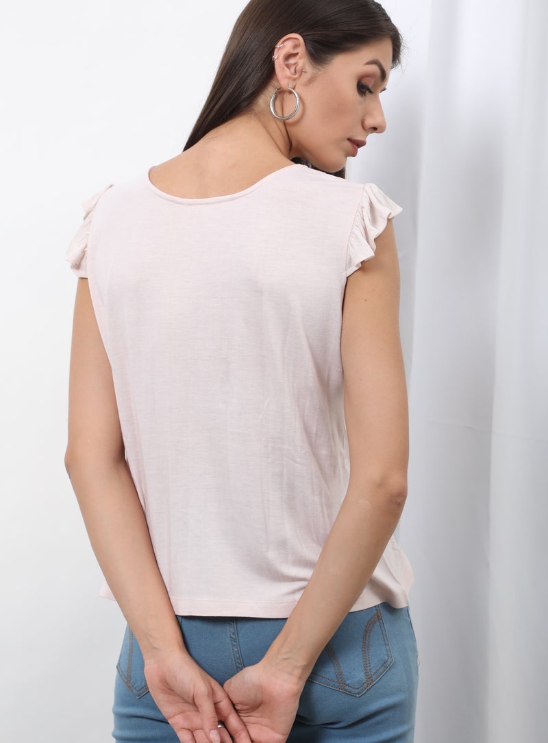 OFFROAD Round Neck Cap Sleeve Top Beige  - Image 3