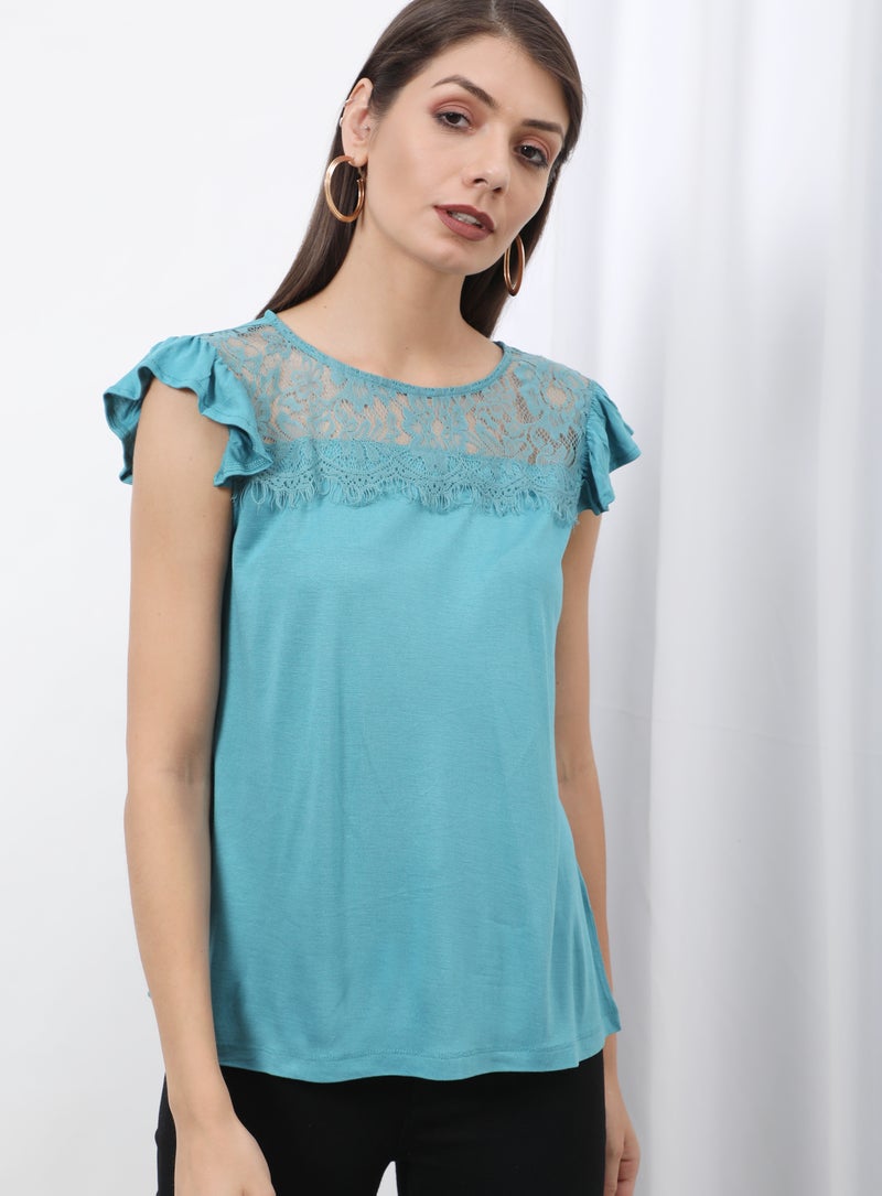 OFFROAD Round Neck Cap Sleeve Top Aqua  - Image 1