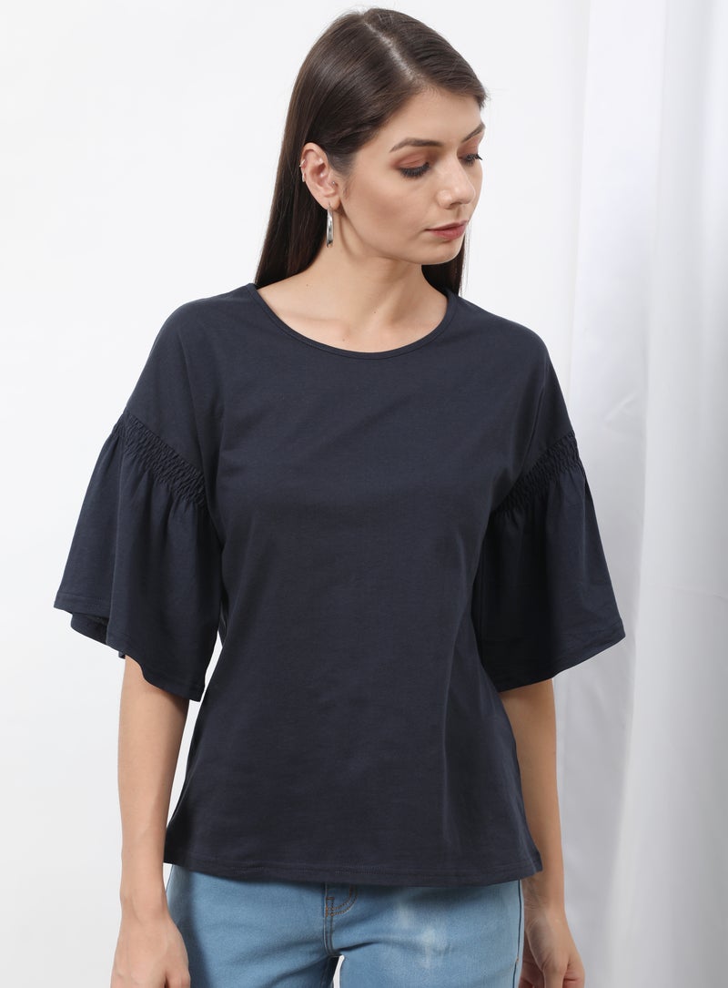 OFFROAD - Frill Ruffle Sleeve Plain Basic Top Blue - Image 1