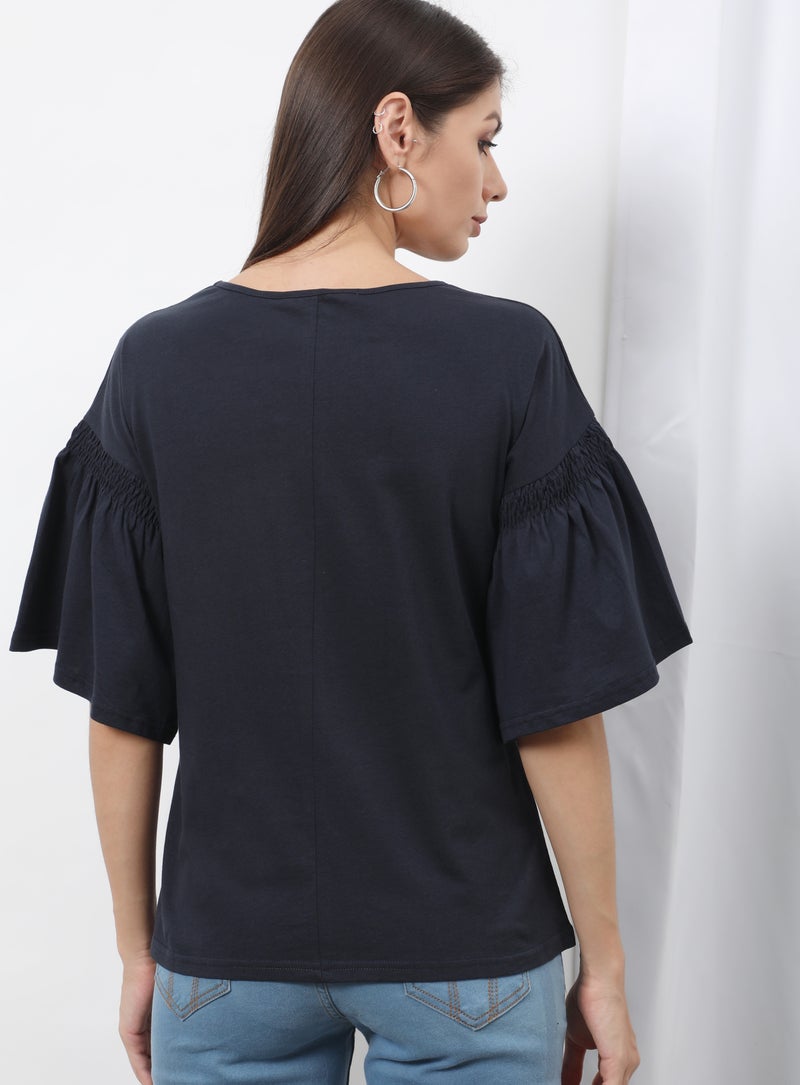 OFFROAD - Frill Ruffle Sleeve Plain Basic Top Blue - Image 1