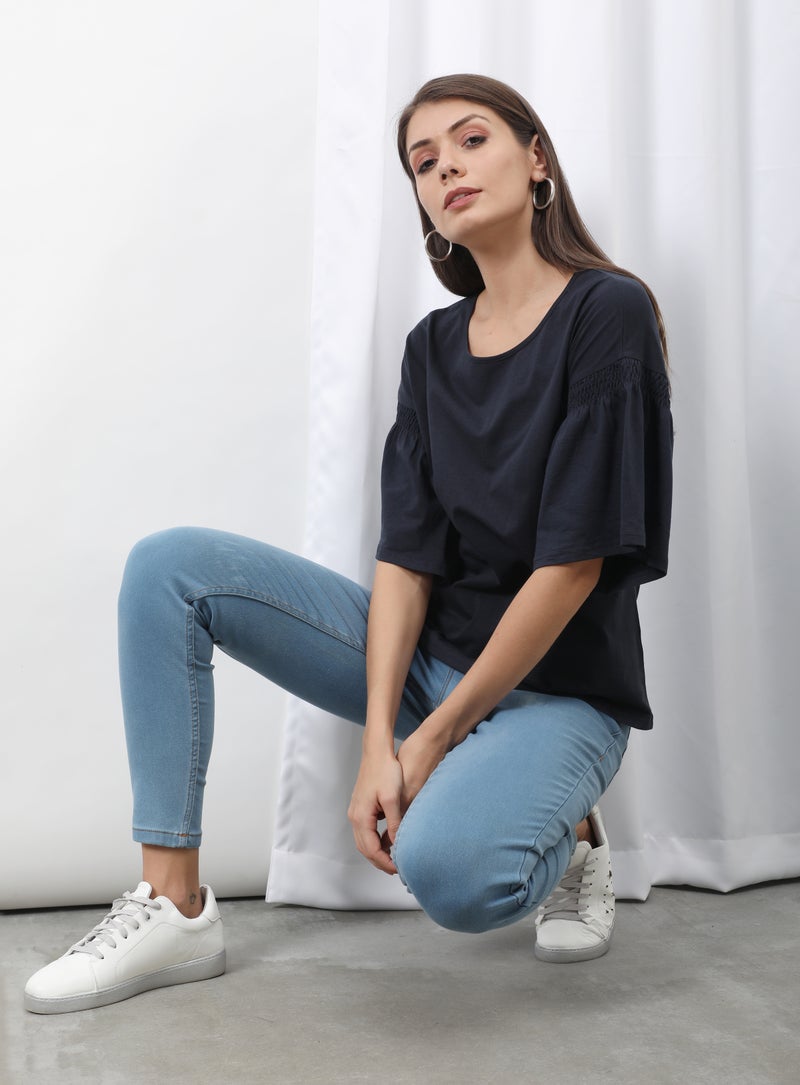 OFFROAD - Frill Ruffle Sleeve Plain Basic Top Blue - Image 1