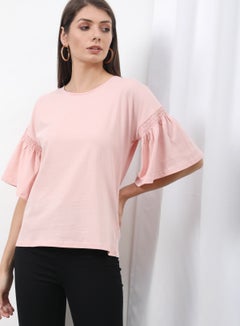 OFFROAD Frill Ruffle Sleeve Plain Basic Top Pink  - Image 1