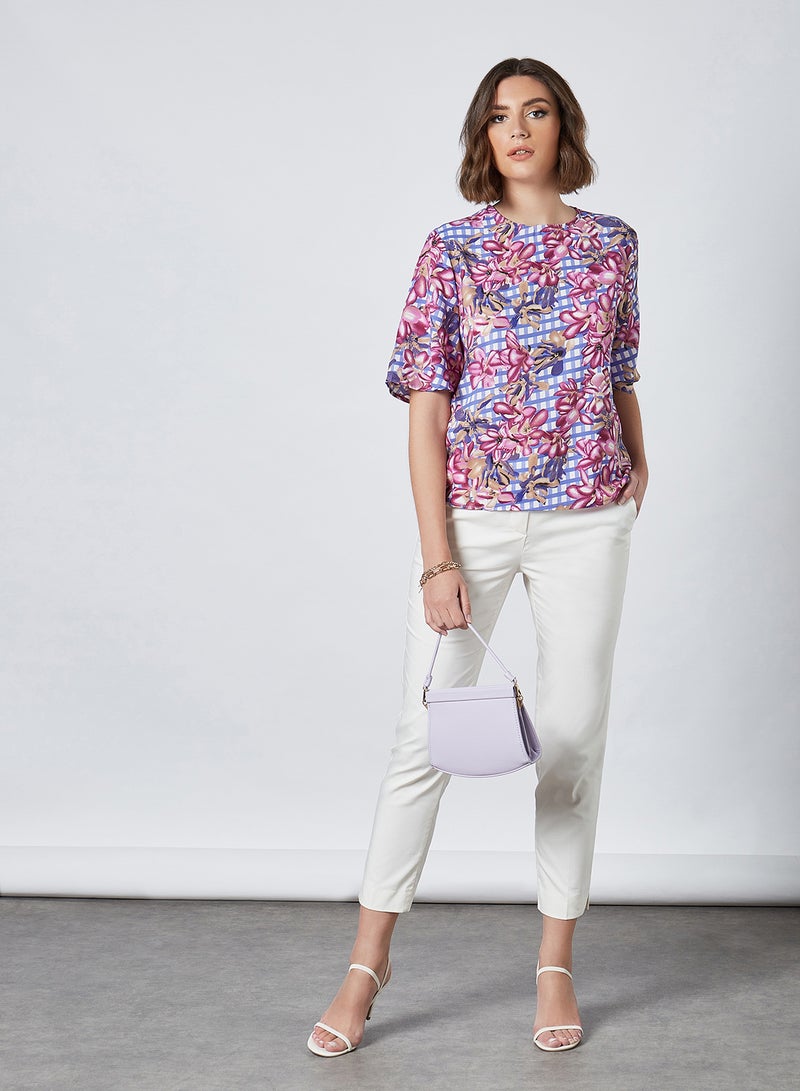 Aila Round Neck Floral Pattern Blouse Top Blue  - Image 3