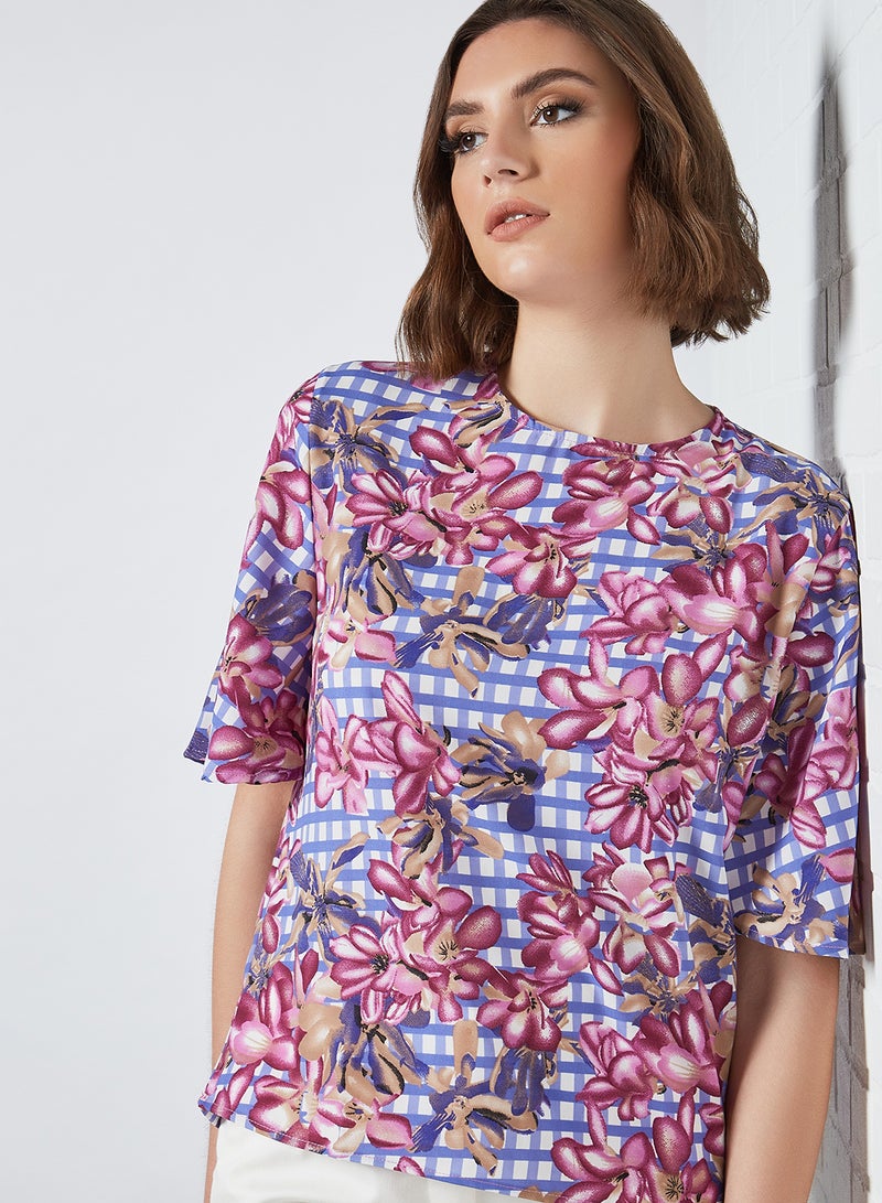 Aila Round Neck Floral Pattern Blouse Top Blue  - Image 4