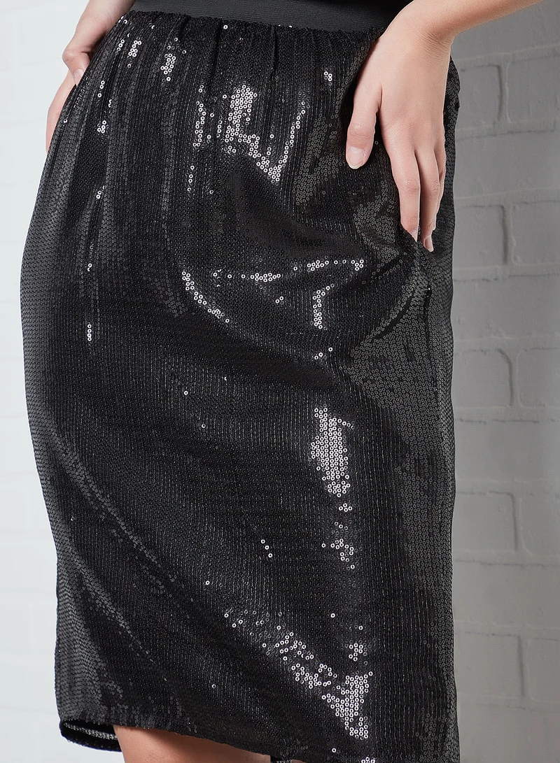 Aila Plain A-Line Skirt Black Solid