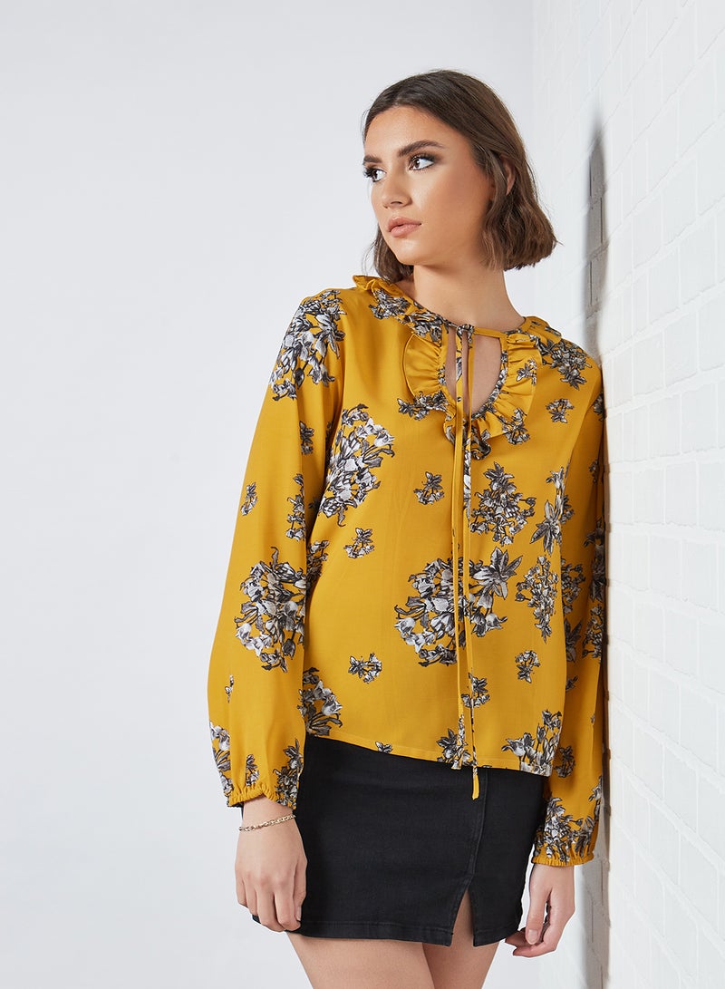 Aila Frill Keyhole Neck Printed Blouse Top Mustard - Image 1