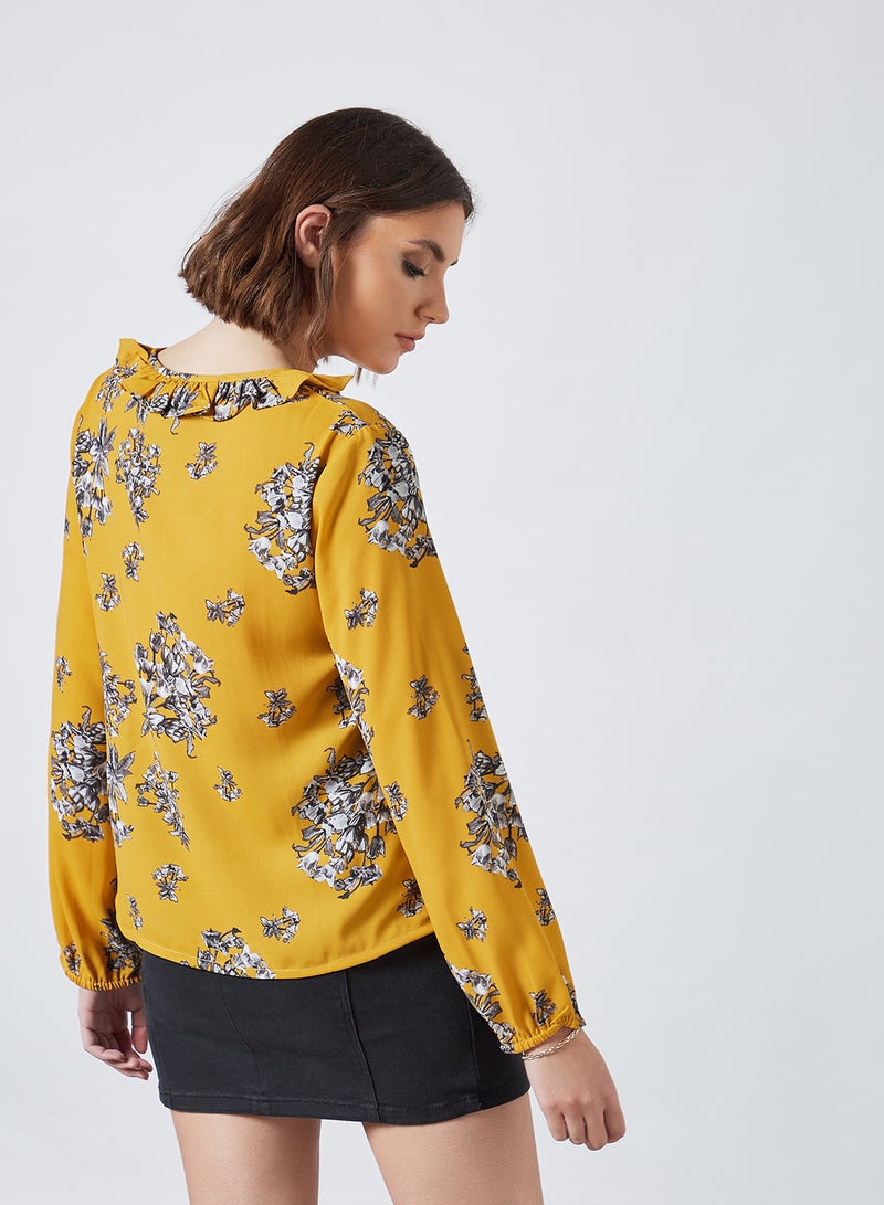 Aila Frill Keyhole Neck Printed Blouse Top Mustard - Image 2