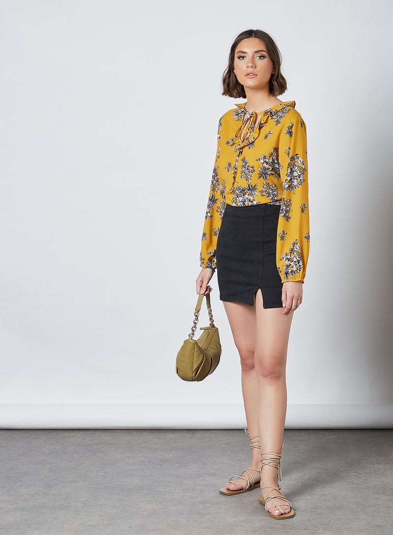 Aila Frill Keyhole Neck Printed Blouse Top Mustard - Image 4
