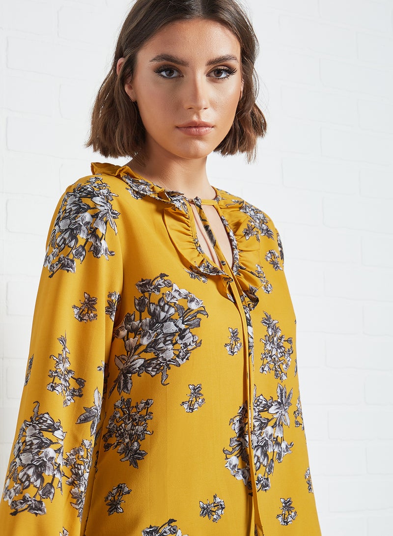 Aila Frill Keyhole Neck Printed Blouse Top Mustard - Image 3
