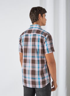 Checkered Pattern Regular Fit Collared Neck Short Sleeve Shirt Wood Brown/Blue - v1620531677/N44342099V_4