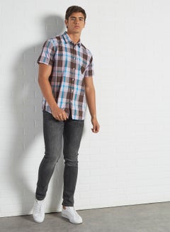 Checkered Pattern Regular Fit Collared Neck Short Sleeve Shirt Wood Brown/Blue - v1620531678/N44342099V_2