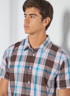 Checkered Pattern Regular Fit Collared Neck Short Sleeve Shirt Wood Brown/Blue - v1620531678/N44342099V_3