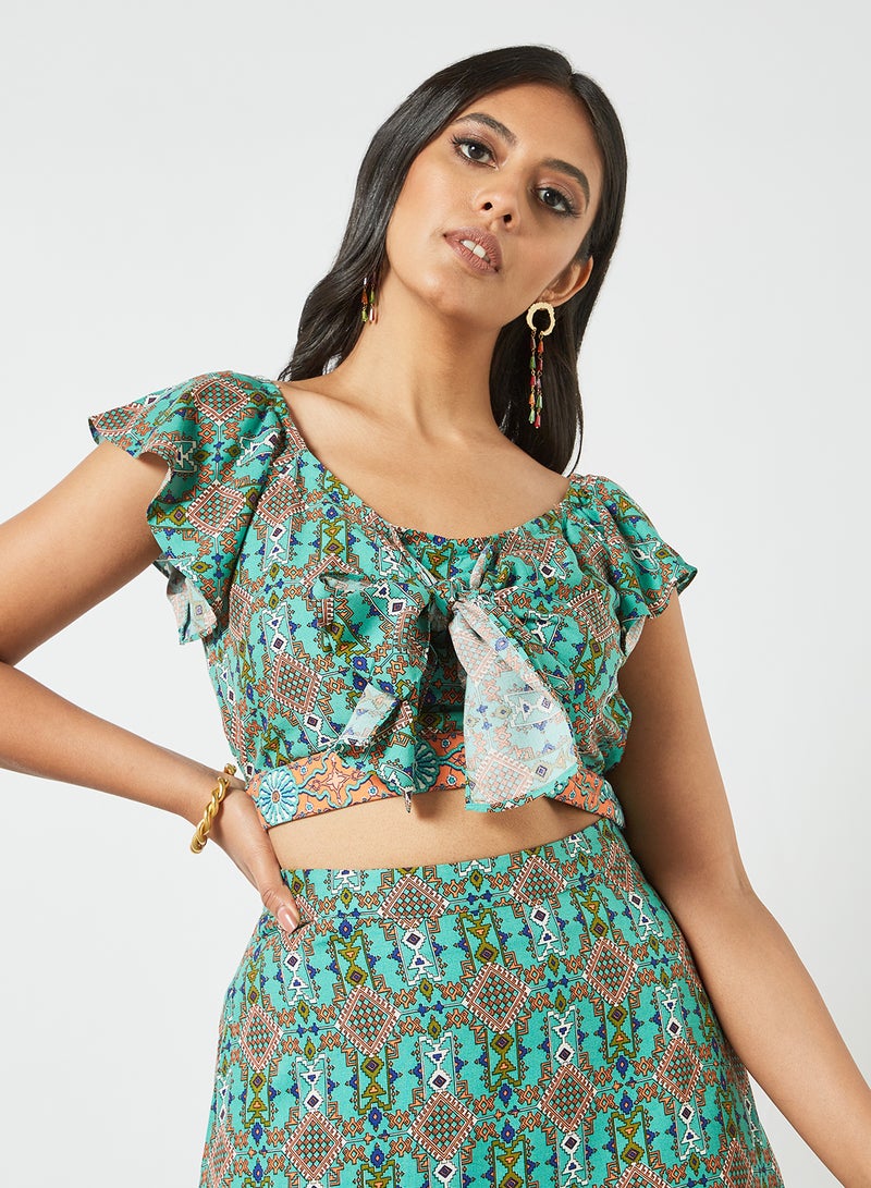 globaldesi - Printed Ruffle Detail Lehenga Sage Green - Image 1