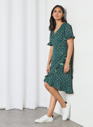 Ruffle Trim Wrap Dress Green