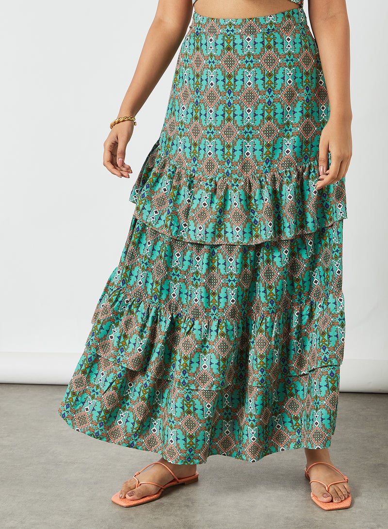 globaldesi - Printed Ruffle Detail Lehenga Sage Green - Image 1