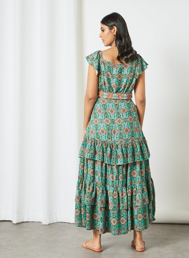 globaldesi - Printed Ruffle Detail Lehenga Sage Green - Image 1