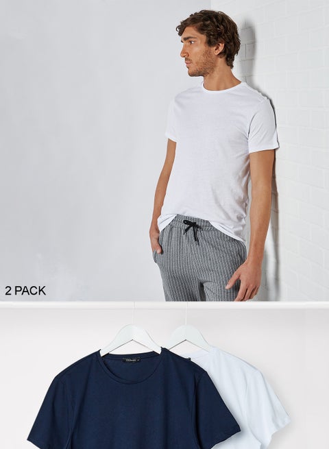 Solid Crew Neck T-Shirt (Pack of 2) White/Navy