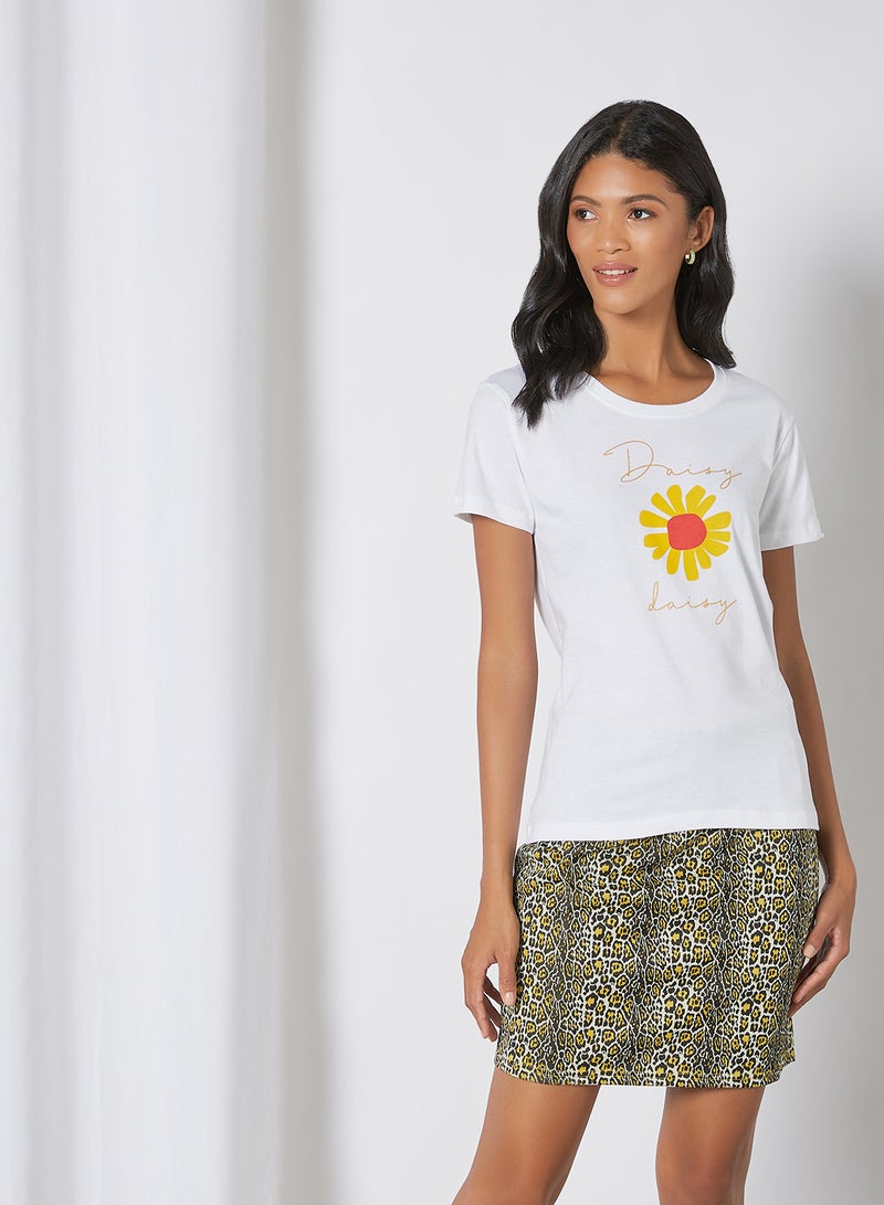 Aila Round Neck Printed T-Shirt Bright White - Image 1