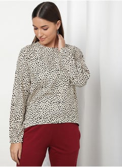 DRIP Regular Fit Animal Print Long Sleeve Round Neck Top Aop Beige  - Image 1