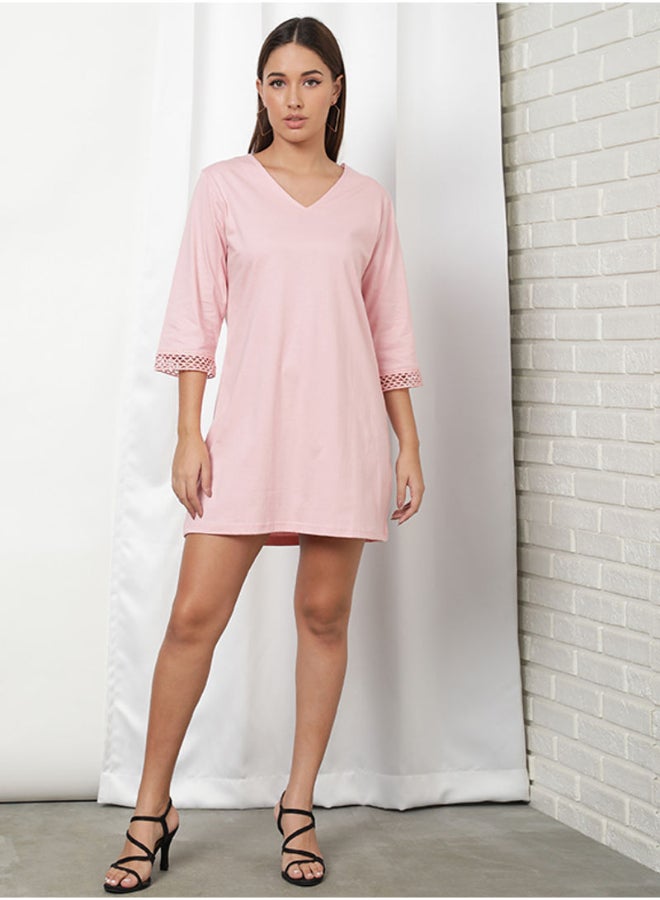 DRIP - Lace Trim Detail V-Neck Three-Quarter Sleeve Mini Dress Light Pink - Image 1