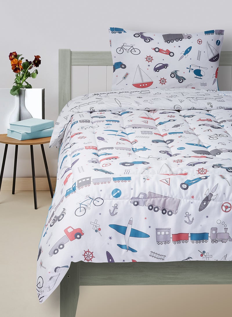 2-Piece Transport Printed Comforter Set - 100% Cotton Comforter 135X220 cm + 1 Pillowcase 50x75 cm - For Single Size Mattress Cotton Multicolour Full - v1620647383/N42770202A_1