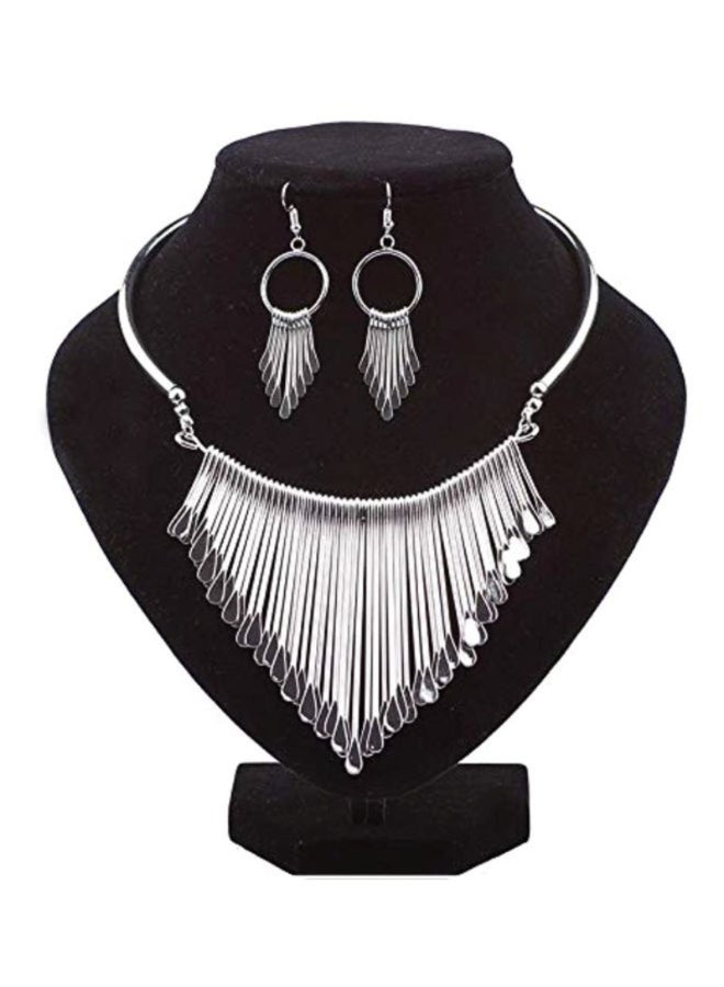 YND - Silver Plated Tassel Necklace And Earrings Set - Image 1