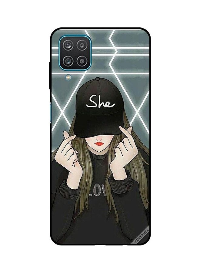 كوفرنيكس غطاء حماية خلفي لهاتف سامسونج جالاكسي A12/M12 بطبعة فتاة ترتدي قبعة مزين بنقشة قبعة مطبوع عليها كلمة "She" - Image 1