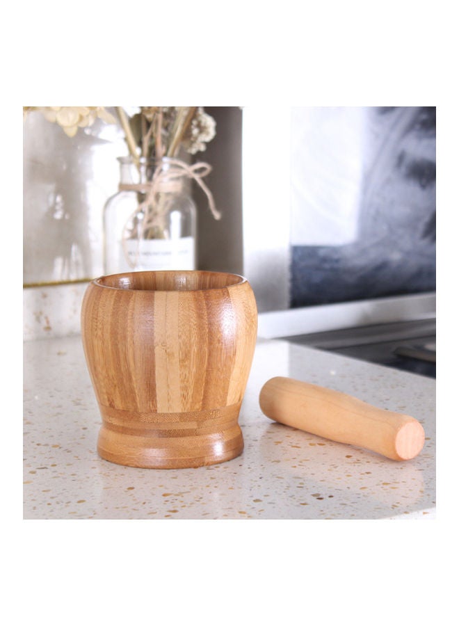 Wooden Garlic Mortar With Pestle Beige  - Image 2