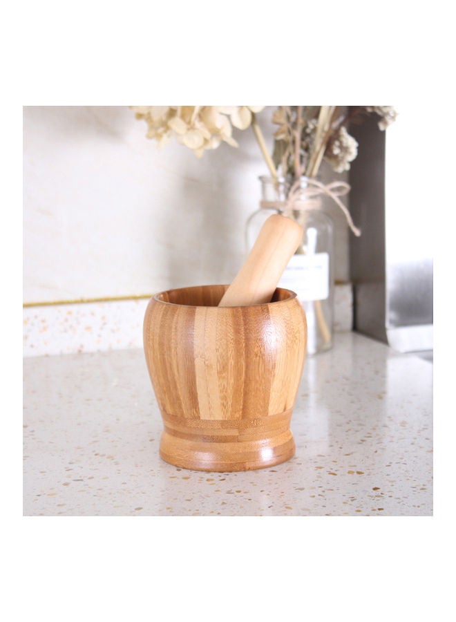 Wooden Garlic Mortar With Pestle Beige  - Image 3