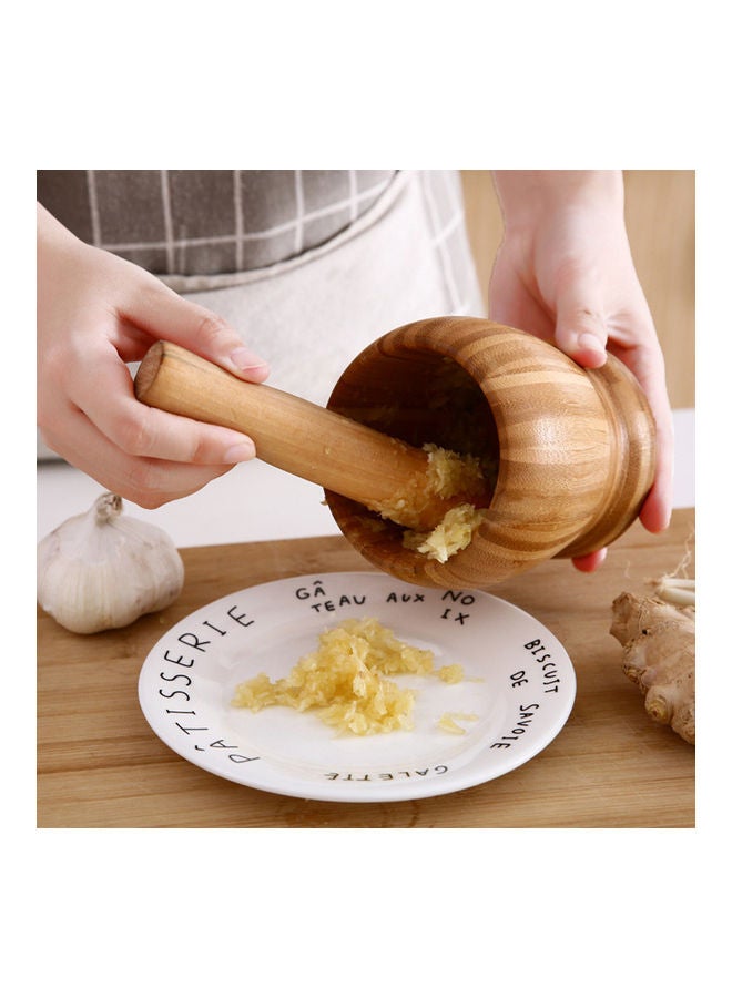 Wooden Garlic Mortar With Pestle Beige  - Image 4
