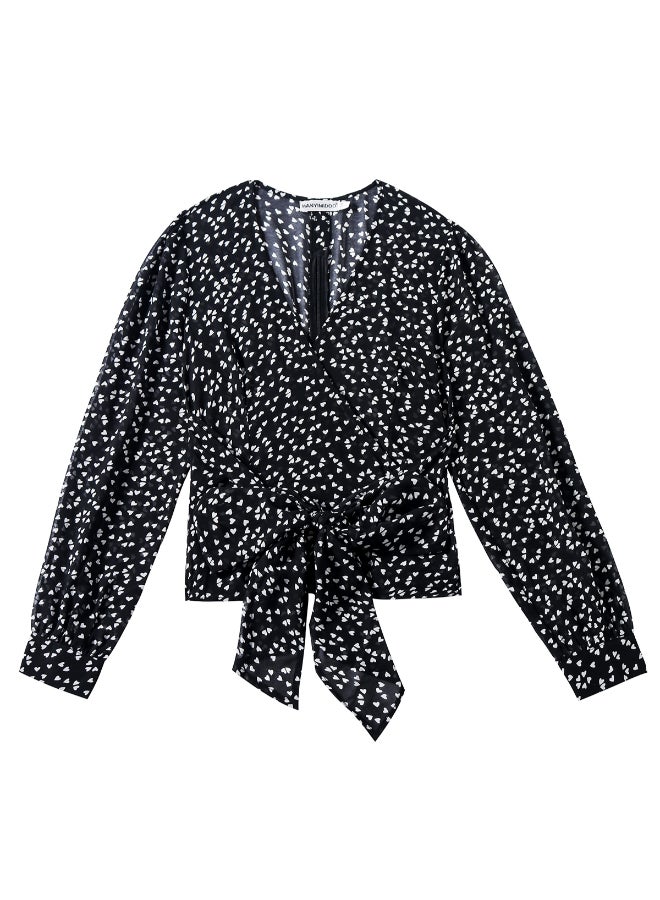 V-Neck Chiffon Ribbon Top Black/White - Image 1