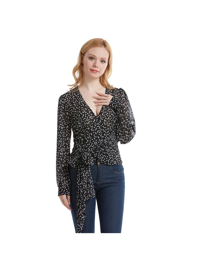 V-Neck Chiffon Ribbon Top Black/White - Image 2