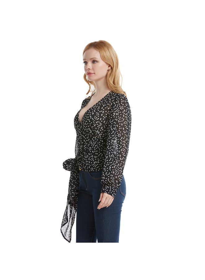 V-Neck Chiffon Ribbon Top Black/White - Image 5