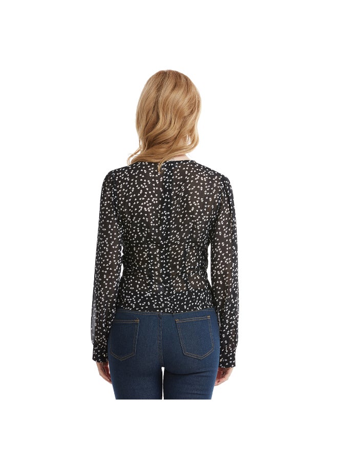 V-Neck Chiffon Ribbon Top Black/White - Image 3