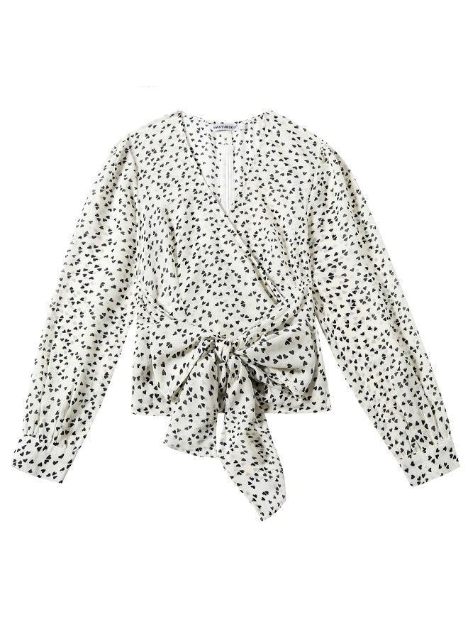 V-Neck Chiffon Ribbon Top White/Black - Image 1
