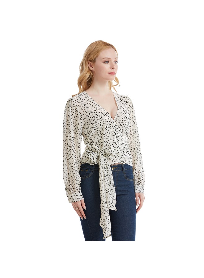 V-Neck Chiffon Ribbon Top White/Black - Image 4