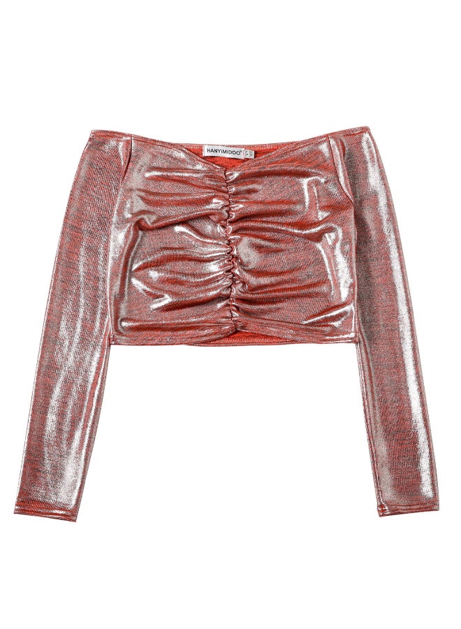 Off Shoulder Pleated Top Metallic Pink  - Image 1