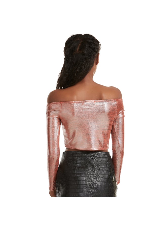Off Shoulder Pleated Top Metallic Pink  - Image 3