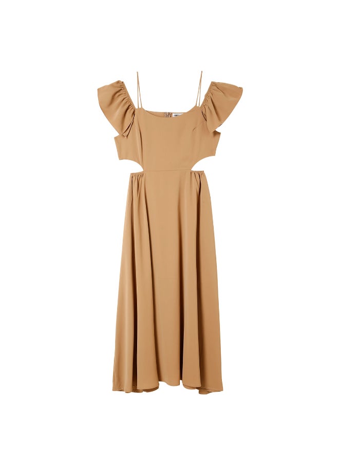 Casual Cold Shoulder Midi Dress Beige  - Image 1