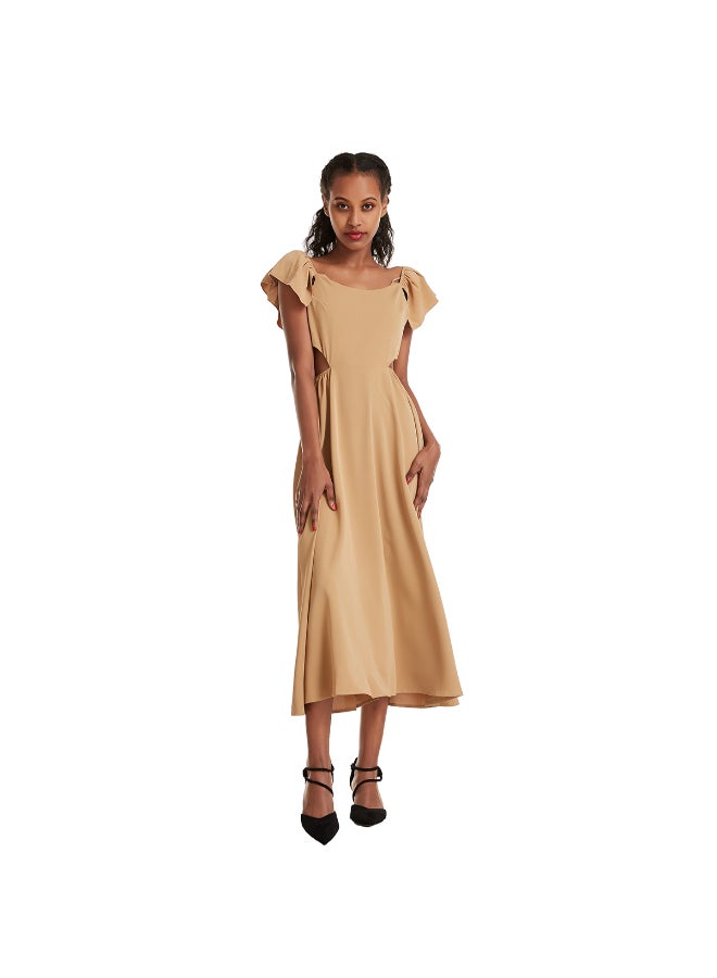 Casual Cold Shoulder Midi Dress Beige  - Image 2