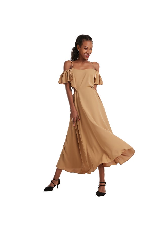Casual Cold Shoulder Midi Dress Beige  - Image 4