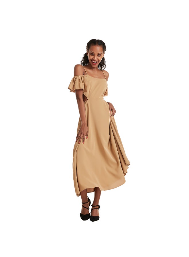 Casual Cold Shoulder Midi Dress Beige  - Image 5