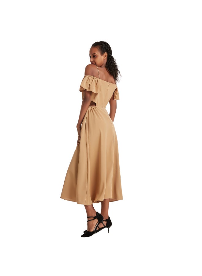 Casual Cold Shoulder Midi Dress Beige  - Image 3
