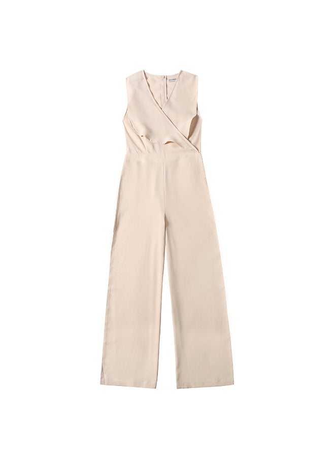 Stylish V-Neck Jumpsuit Beige  - Image 1