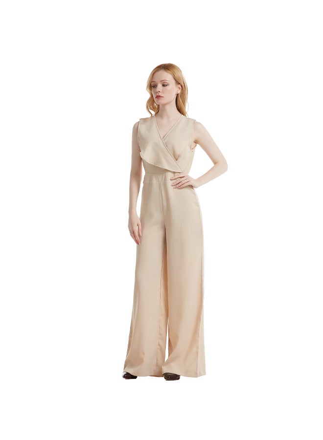 Stylish V-Neck Jumpsuit Beige  - Image 2