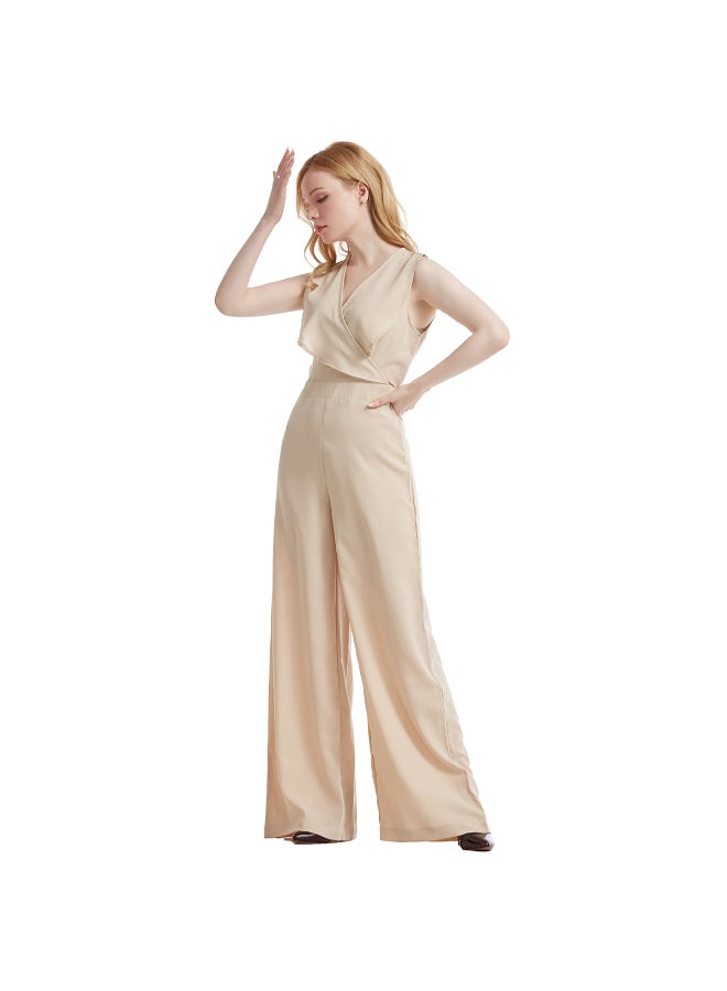 Stylish V-Neck Jumpsuit Beige  - Image 4