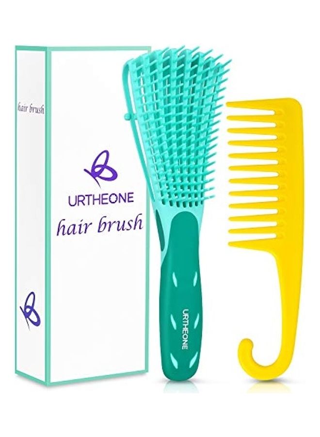 URTHEONE 2-Piece Detangling Hair Brush And  Wide Tooth Comb Set Green/Yellow