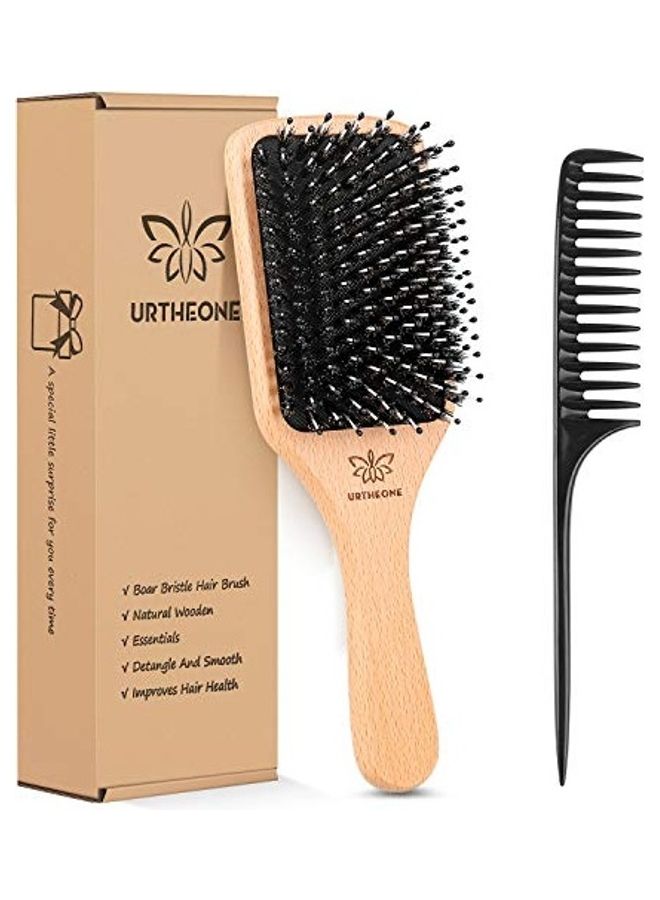 URTHEONE 2-Piece Boar Bristle Hair Brush And Comb Set Beige/Black