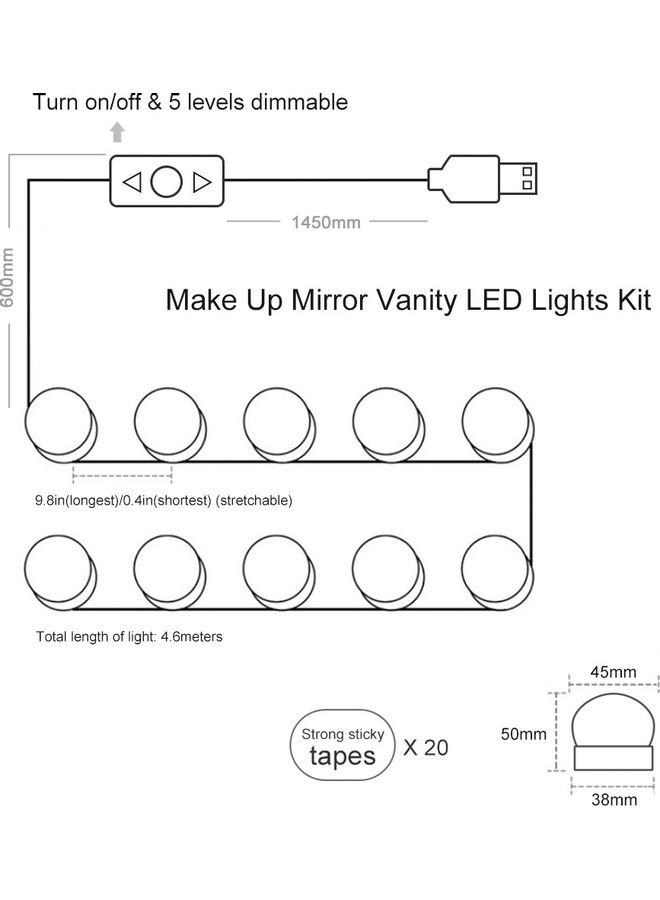 ماركة غير محددة مجموعة مصابيح LED لمرآة الزينة قابلة للتعتيم بقدرة 10 وات مكونة من 10 قطع أبيض دافئ  - Image 3